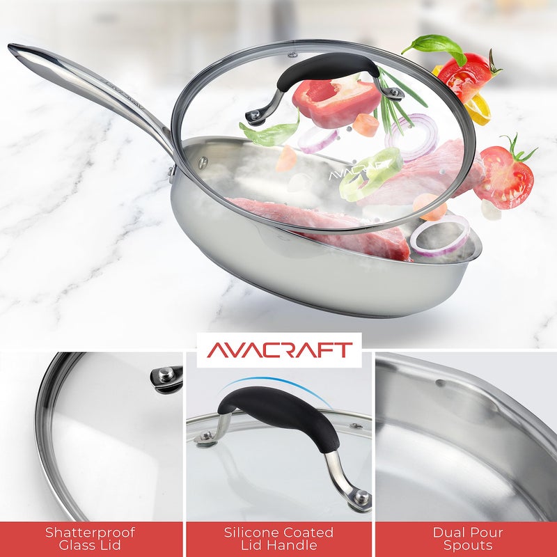 AVACRAFT 18/10 10 Inch Stainless Steel Frying Pan with Lid, Side Spouts, Induction, Versatile Stainless Steel Skillet - Image 4